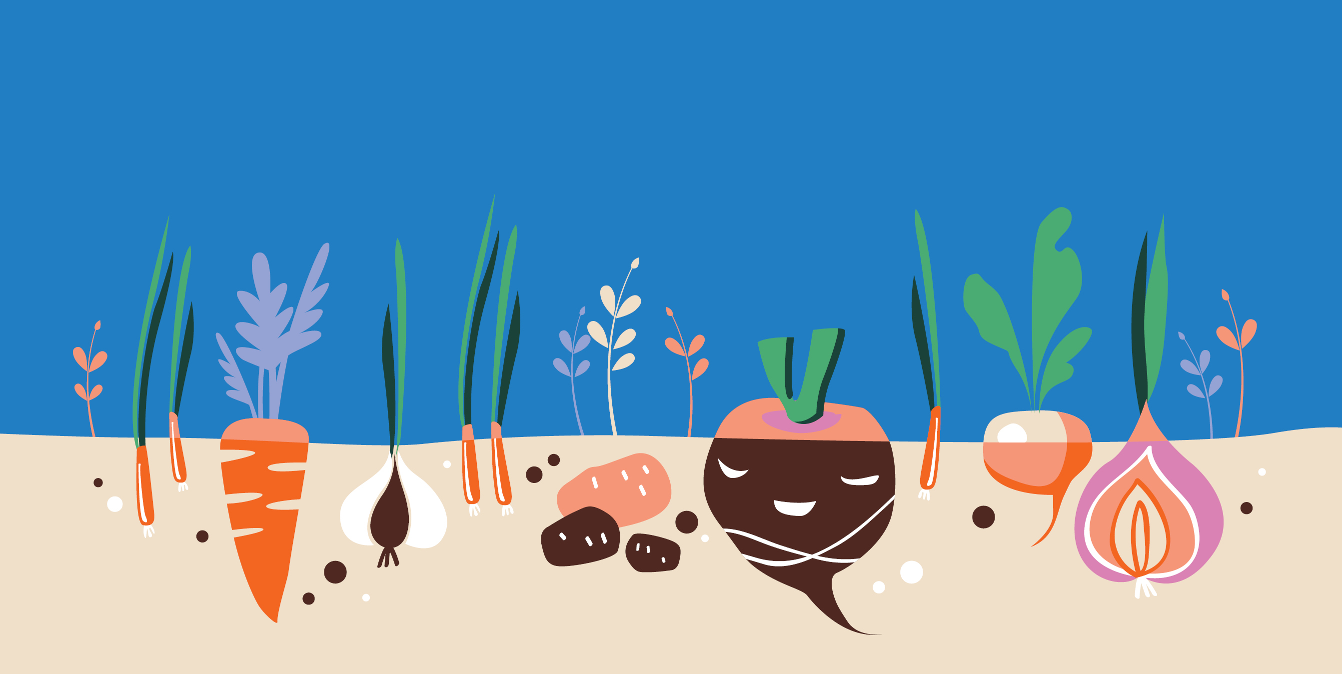 An iconography image of vegetables such as carrots and turnips growing in the ground.